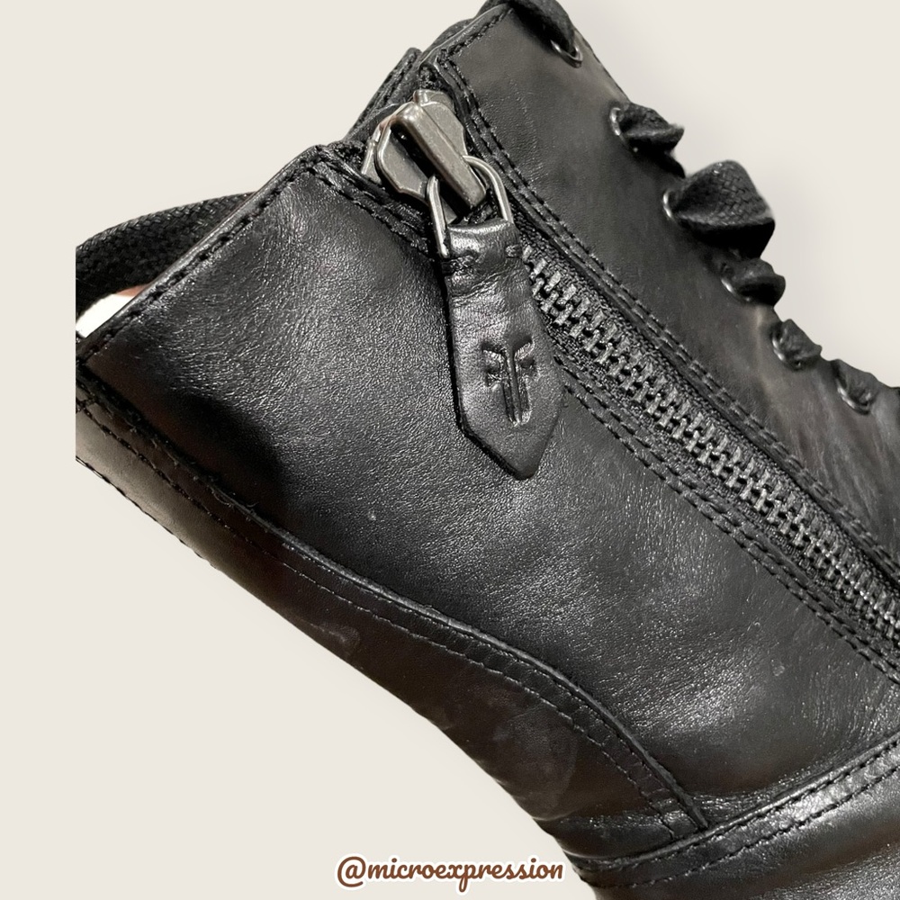 $399 Frye Chloe Lug Combat Black Leather Lace Up Moto Everyday Ankle Boot - Picture 12 of 16
